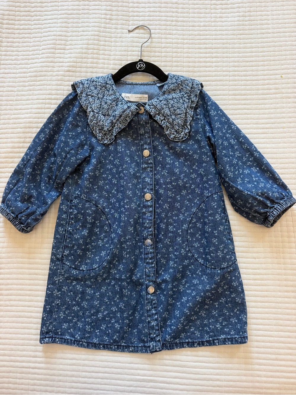 Zara Blue Floral Denim Dress Jacket with Peter Collar